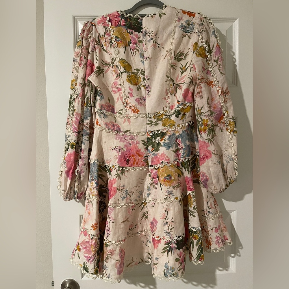 Zimmermann Floral Tiered Mini Dress in Cream with Pink, Yellow and Blue Accents